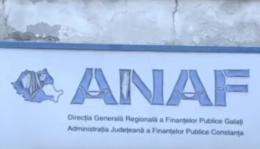 Blue-framed sign for ANAF, the Romanian Tax Administration, with Galați regional directorate text