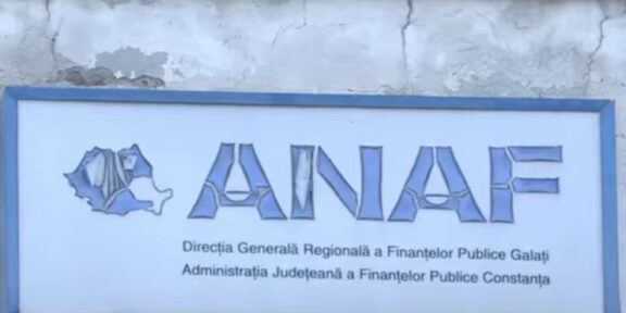 Blue-framed sign for ANAF, the Romanian Tax Administration, with Galați regional directorate text