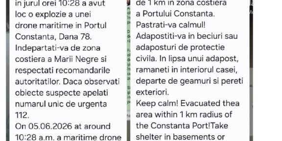 Two RO-ALERT warning messages (Romanian and English) about a drone explosion near the Port of Constanța; evacuate within 1 km and seek shelter in basements or civil shelters.