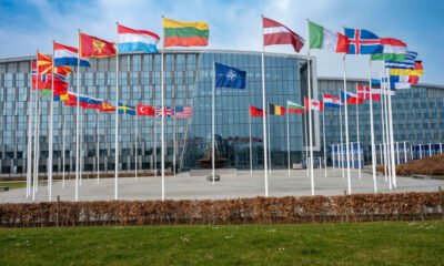 Modern glass-front building with row of flagpoles displaying numerous international flags in front of the plaza under a blue sky
