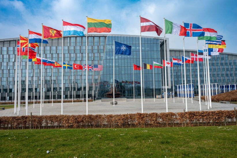 Modern glass-front building with row of flagpoles displaying numerous international flags in front of the plaza under a blue sky