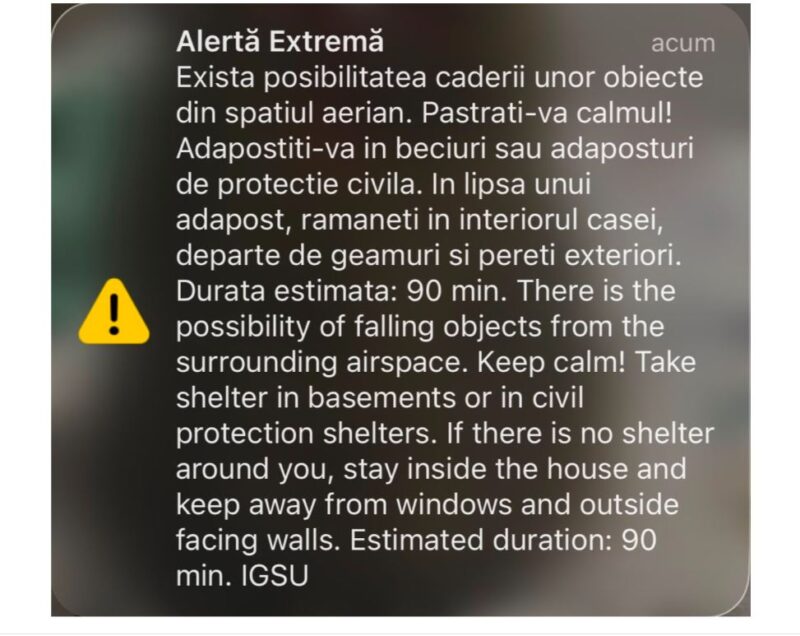 Mesaj RO-Alert în nordul județului Tulcea. Avertizare privind posibile căderi de obiecte din spațiul aerian