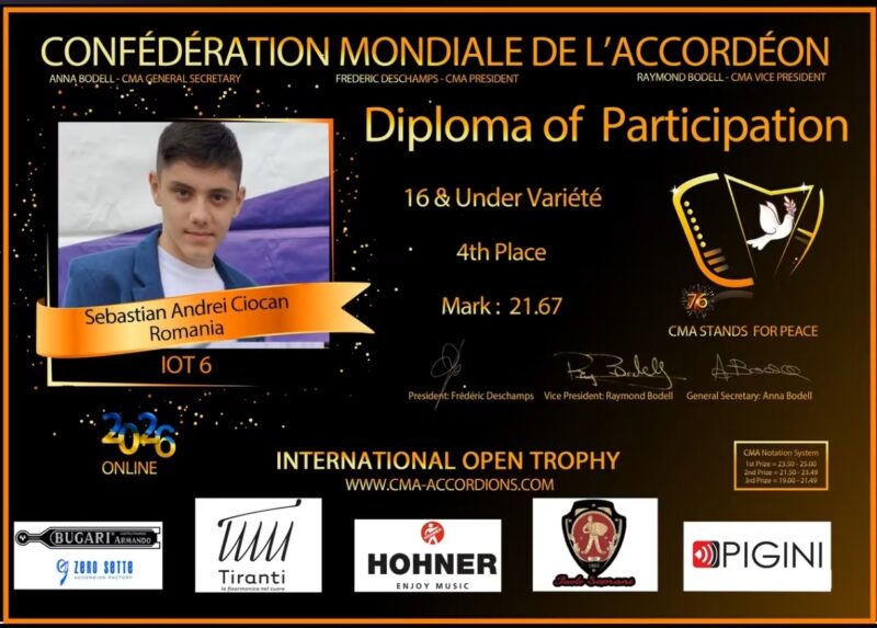 Performanță internațională pentru un elev din Constanța. Sebastian Andrei Ciocan, locul 4 la Trophée Mondial de l’Accordéon